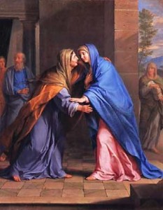 Mary shares her good news with her cousin, Elizabeth, who is pregnant with John (the Baptist). In response to Elizabeth's recognition of the meaning of Mary's child, Mary spontaneously praises God in what is now known as "The Magnificat." <a href="http://en.wikipedia.org/wiki/Philippe_de_Champaigne">Painting by Philippe de Champaigne</a>.